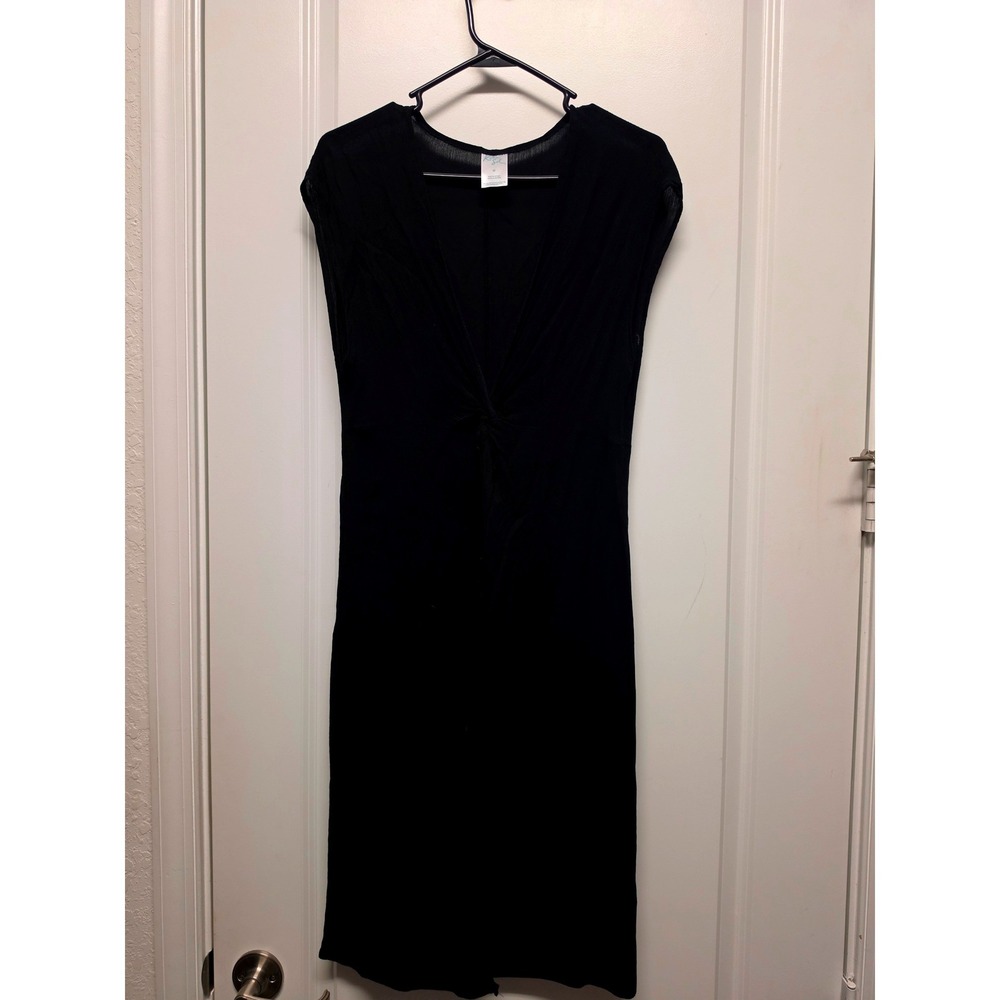 Kona Sol Black Twist Front V-Neck Swim Cover Up Dress Rayon Crinkle Gauze Medium